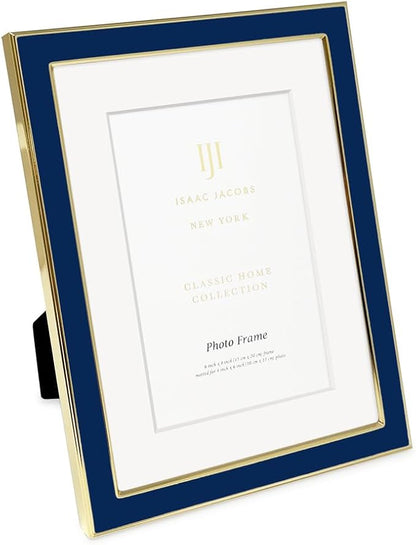 Isaac Jacobs 6x8 (Matted 4x6) Navy Enamel Picture Frame with Gold Metal Edge and Easel, Tabletop Display, Wall Décor, Photo Gallery, (6x8 (Matted 4x6), Navy with Gold)