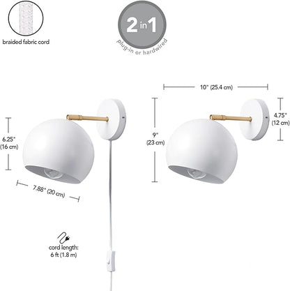 Globe Electric 52077 1-Light Plug-in or Hardwire Wall Sconce, Matte White, Brass Accent Arm, Modern Wall Light for Apartments or Renters, Bedroom, Dining or Living Room Lighting, Home Decor