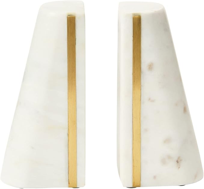 Main + Mesa Geometric Marble Bookends with Brass Inlay, White