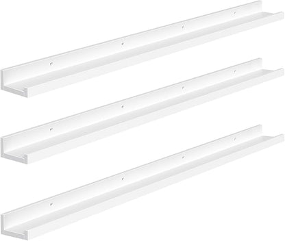 HOOBRO Floating Shelves, Wall Shelf Set of 3, 47.2 Inches Hanging Shelf with Raised Edge and Invisible Brackets, for Bathroom, Bedroom, Kitchen, Office, Living Room Decor, White WT92BJ01
