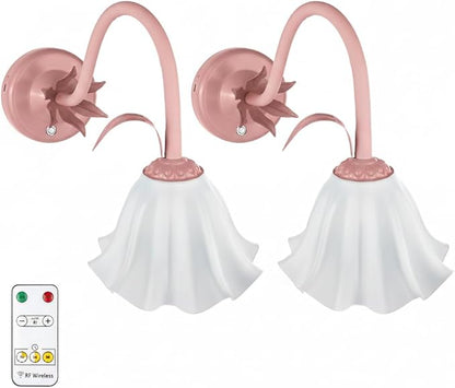 Battery Operated Cordless Flower Wall Sconce Set of 2 (Pink), Stepless Dimming Magnetic Wireless Wall Lamp, 5200mAh Rechargeable Battery, for Living Room Bedroom Hallway Corridor
