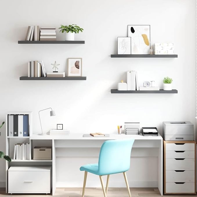 Set of 4 High Gloss Grey Floating Wall Shelves, Honeycomb MDF with Metal Brackets for Modern Decor, Durable Storage Solution for Living Room Office Bedroom