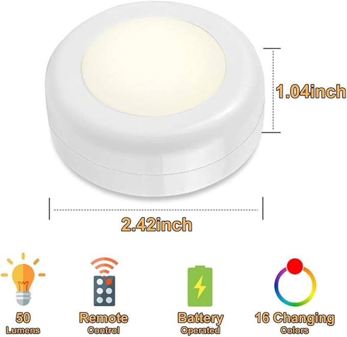 Wireless 16 Color Changing LED Puck Light 6 Pack LED Under Cabinet Lighting Closet Light Battery Powered Night Lights with Remote Control Dimmer & Timing Function