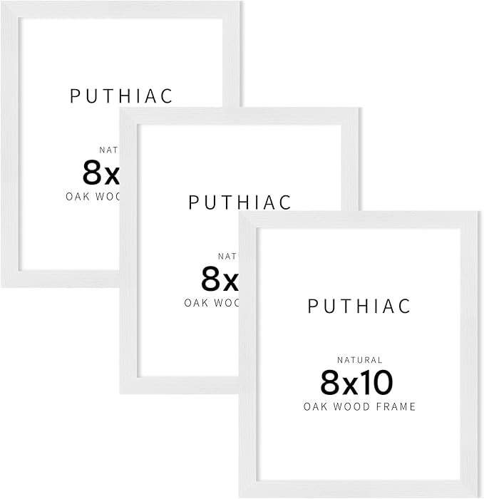 puthiac 8x10 Solid Oak Wood Picture Frame, Fits 6x8 with Mat or 8x10 Without Mat, Wall or Tabletop Display with Stand, Vertical or Horizontal, Plexi Front, 3 Pack, White