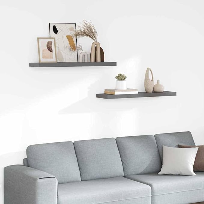 High Gloss Grey Floating Wall Shelf Set of 2, Honeycomb MDF and Metal Modern Storage for Bedroom or Office, Space Optimization and Sturdy Build with Invisible Mounting System