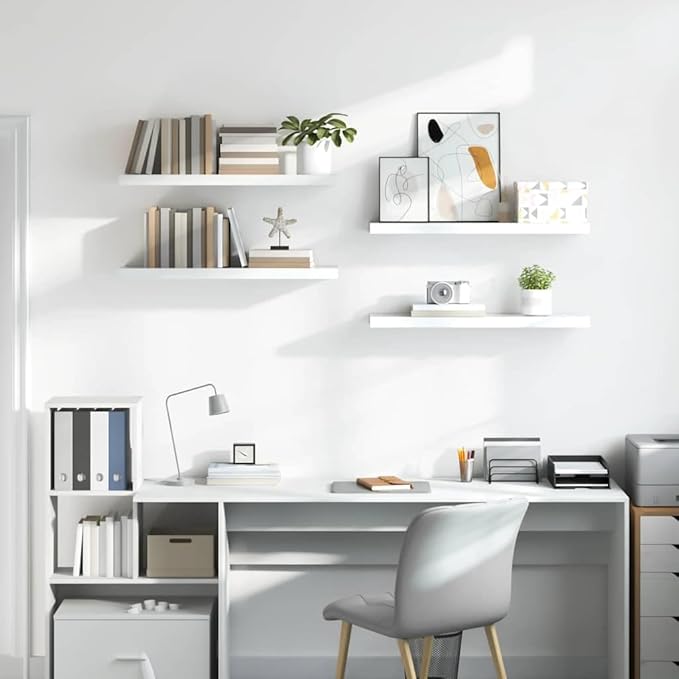 Set of 4 High Gloss White Honeycomb MDF Floating Wall Shelves with Metal Brackets for Modern Storage and Display