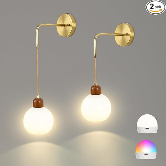 Battery Operated Wall Sconces Set of 2, Gold Rechargeable Wireless Wall Lights with Milky White Shade, 12 RGB and 3CCT Dimmable Wooden Wall Lamps with Remote for Bedroom Living Room Hallway
