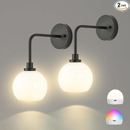 Battery Operated Wall Sconces Set of 2, Black Rechargeable Wireless Wall Lights with Milky White Shade, 12 RGB and 3CCT Dimmable Wall Lamps with Remote for Bedroom Living Room Hallway