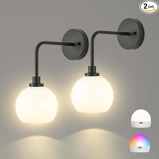 Battery Operated Wall Sconces Set of 2, Black Rechargeable Wireless Wall Lights with Milky White Shade, 12 RGB and 3CCT Dimmable Wall Lamps with Remote for Bedroom Living Room Hallway