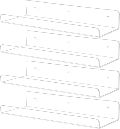 TONICE 4 Pack Acrylic Shelves for Wall 15in Floating Shelf Wall Mounted Set for Room, Bedroom, Bathroom, Kitchen, Living Room, Office Book Shelf Storage Decor