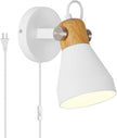 Modern Plug-in Wall Sconces - Matte White Adjustable Reading Light with Natural Wood Accent, Wall Lamp for Bedroom, Living Room, Home Office
