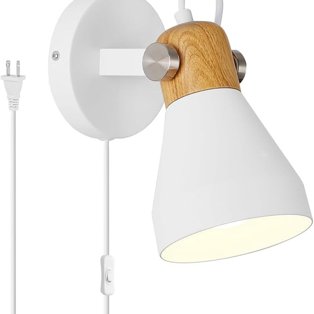 Modern Plug-in Wall Sconces - Matte White Adjustable Reading Light with Natural Wood Accent, Wall Lamp for Bedroom, Living Room, Home Office
