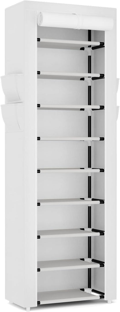 Shoe Rack with Cover Narrow Shoe Rack Organizer with 4 Side Pockets 10 Tier Tall Shoe Storage Shoe Shelf Holds 18-22 Pairs Shoes and Boots Shoe Rack for Closet, White