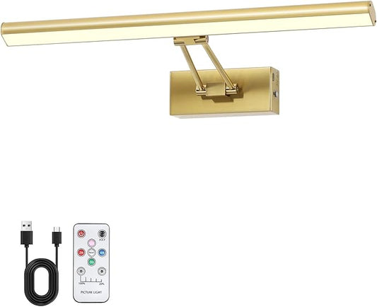 Picture Light, 16 inches Art Light, Picture Light Battery Operated,3CCT Picture Lights for Wall,Battery Operated Wall Lights,Gallery Light for Wall,Photo,Library (Plating Brass Gold)