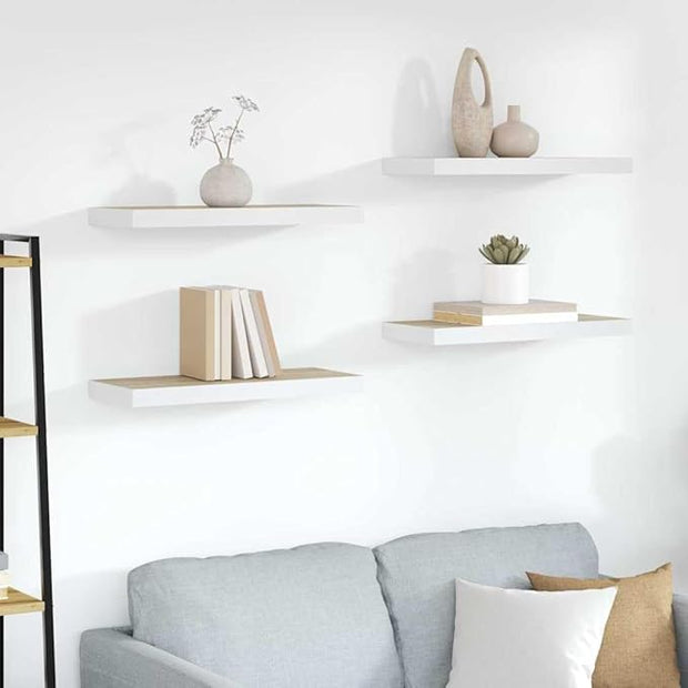 Floating Wall Shelf Set of 4, Oak and White Honeycomb MDF with Metal Standard, Invisible Mounting System for Modern Decor, Space-Saving Design, Durable Engineered Wood