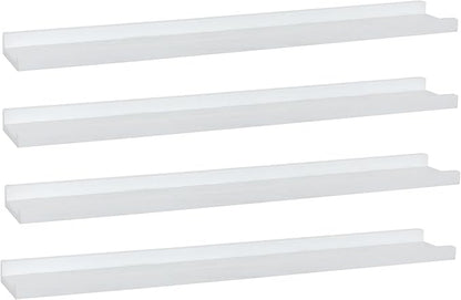Long Floating Shelves 36 Inches Set of 4,Wood Picture Shelf for Wall with Ledge,Photo Frames Display Shelves Wall Mounted Rustic for Living Room Bedroom Kids Nursery,Home Decor (Rustic White)