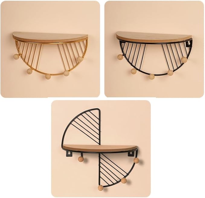 JUNY Semi-Circular Shape Floating Shelves Metal Wall Decor,Wood Wall Mounted Storage Shelf Home Decorations Art for Bedroom Living Room Kitchen Bathroom (Semicircular-Gold)