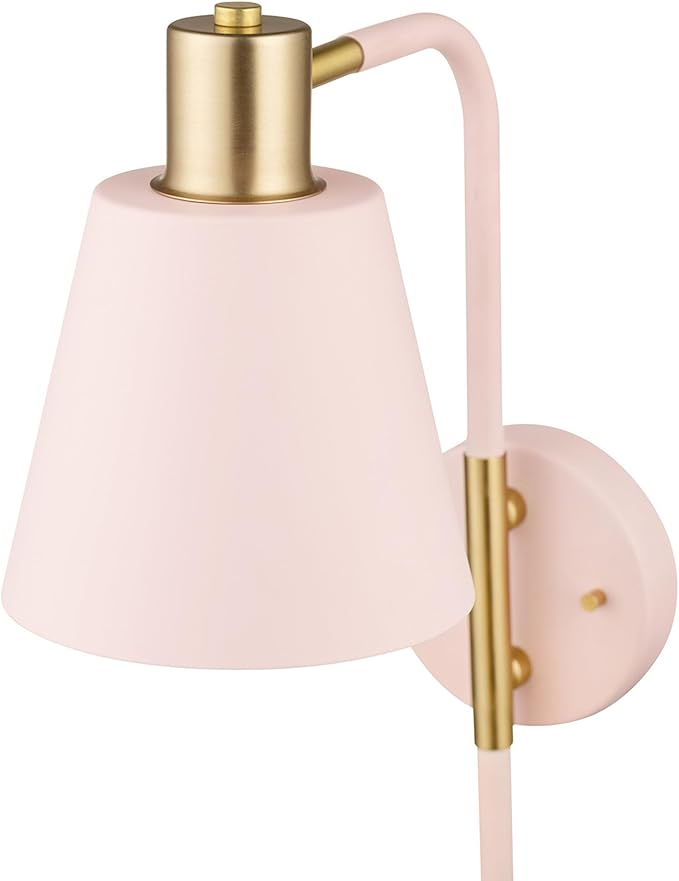 GLOBE Electric Cleo 1-Light Plug-in or Hardwire Wall Sconce, Blush Pink, Matte Brass Accents, Black Cloth Cord, Bulb Not Included (Pack of 4)
