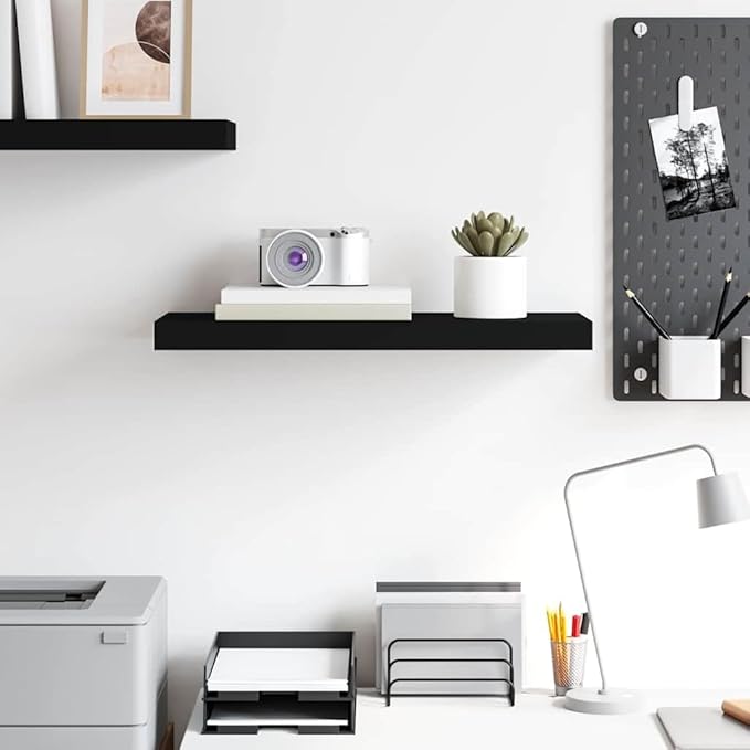 Black Honeycomb MDF Floating Wall Shelf with Metal Bracket, 23.6 Inch Length, Modern Matte Finish for Living Room Office Bedroom Storage and Display