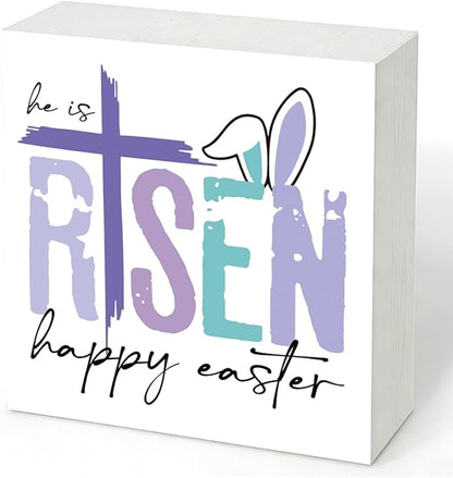 Christian Easter Decor He Is Risen Wooden Sign, Religious Cross Bunny Happy Easter Design, Easters Front Door Decorations for Home, Farmhouse Wall Hanging Spring Decor