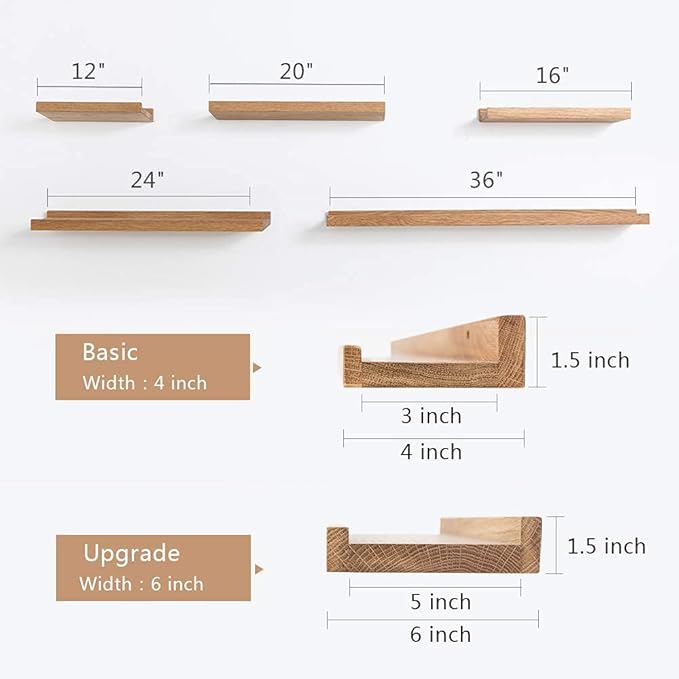 Oak Floating Shelves - Natural Wood Wall Mounted Display Picture Ledge - Wall Shelf for Home Office, Living Room, Bedroom - 4x32 Inch