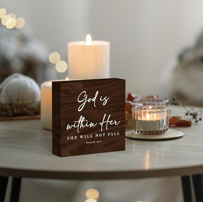 God Is Within Her Bible Verse Artwork Wooden Box Sign Rustic Farmhouse Style Psalm 46:5 Christian Wood Block Plaque 5x5 Inches Home Office Desk Decor for Gifts