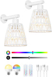 White Battery Operated Wall Sconce Set of 2, Boho Rattan Rechargeable Wall Lights with Dimmable Bulbs and Remote,15 Colors Wireless Wall Lamps for Bedroom Living Room Hallway Decor