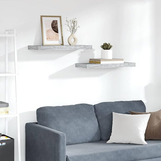 Concrete Grey Honeycomb MDF Floating Wall Shelf Set of 2, Modern Metal Mounted Shelves for Living Room Office Decor and Display