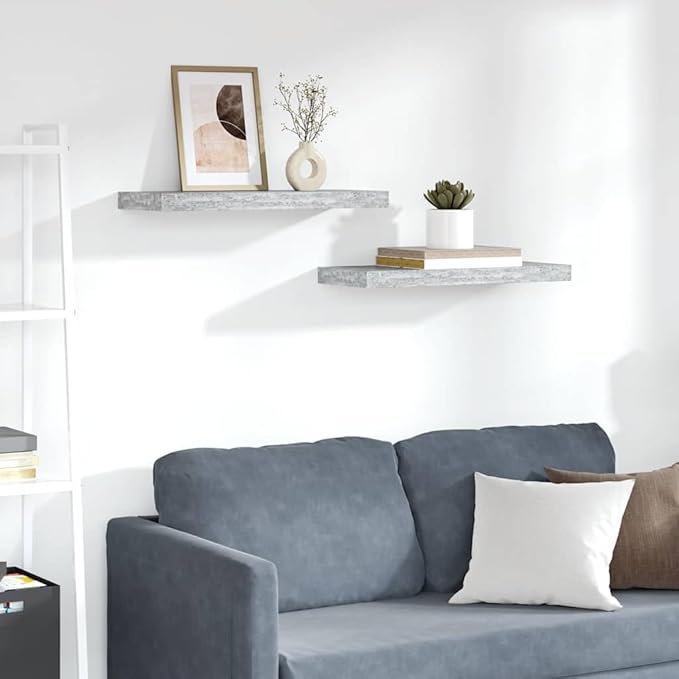 Concrete Grey Honeycomb MDF Floating Wall Shelf Set of 2, Modern Metal Mounted Shelves for Living Room Office Decor and Display