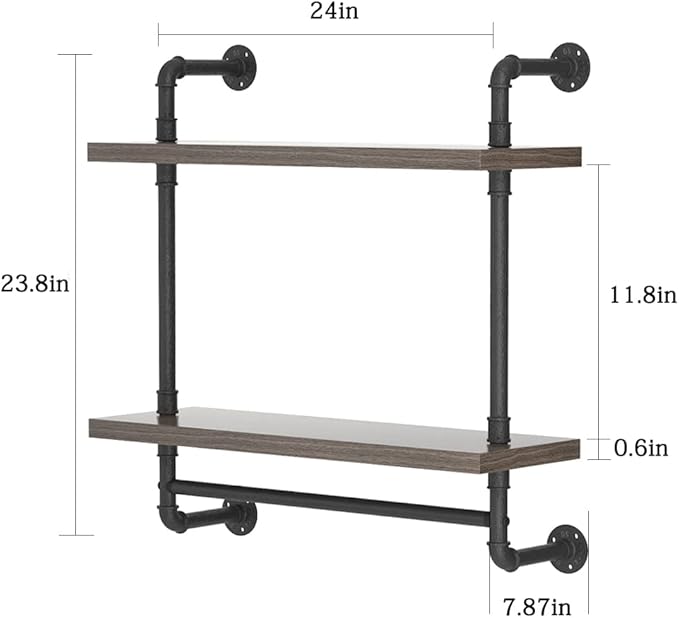 Helsin 2 Tier Wood Floating Shelves Towel Rack, Industrial Pipe Bathroom Shelves Wall Mounted with Towel bar, Wall Display Storage Shelf for Home & Bathroom Decor (Gray, 24inch)