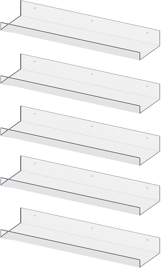 RLAVBL 5 Pack Acrylic Shelves, 15" Floating Wall Shelves for Bedroom, Living Room, Bathroom, Kitchen Storage