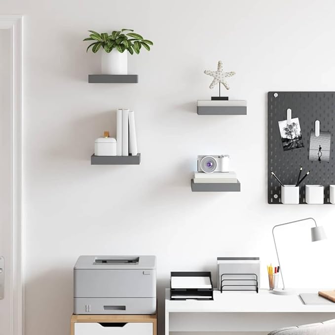 Set of 4 High Gloss Grey Floating Wall Shelves, Honeycomb MDF and Metal Compact Shelving for Modern Living Room Bedroom Office Decor
