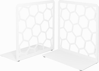 GEOMOD Geometric Honeycomb White Metal Bookends Decorative - Tall Sturdy Book Ends for Shelves - Modern Heavy Duty Bookend Stopper - Office or Home Book Shelf Book Holder - 6x3.25x6.25 Inches - 1 Pair