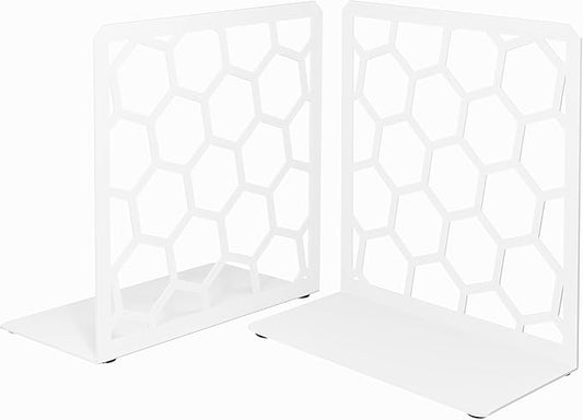 GEOMOD Geometric Honeycomb White Metal Bookends Decorative - Tall Sturdy Book Ends for Shelves - Modern Heavy Duty Bookend Stopper - Office or Home Book Shelf Book Holder - 6x3.25x6.25 Inches - 1 Pair