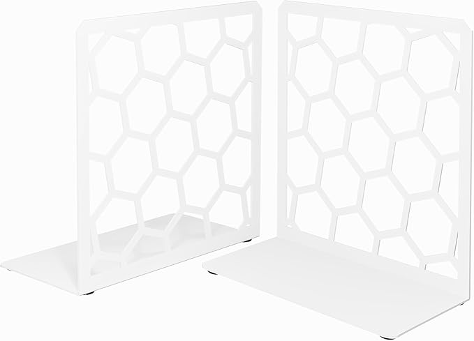 GEOMOD Geometric Honeycomb White Metal Bookends Decorative - Tall Sturdy Book Ends for Shelves - Modern Heavy Duty Bookend Stopper - Office or Home Book Shelf Book Holder - 6x3.25x6.25 Inches - 1 Pair