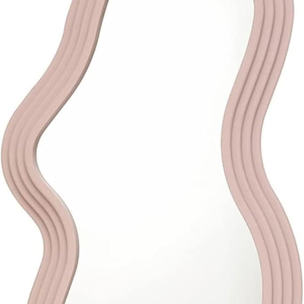 Mokoze Asymmetrical Wall-Mounted Mirror, Creative Unique Decorative Mirrors, Funky Wavy Mirror 15.94"x10.24" Irregular Border Pink Mirror for Bathroom Living Room Decoration