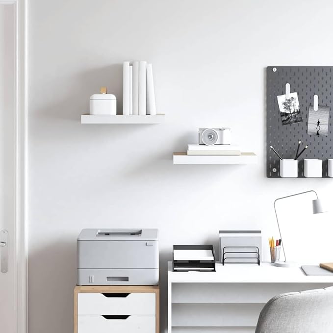 Set of 2 Oak and White Floating Wall Shelves, Modern Honeycomb MDF and Metal Medium Storage, Decorative Display Shelf for Living Room Office