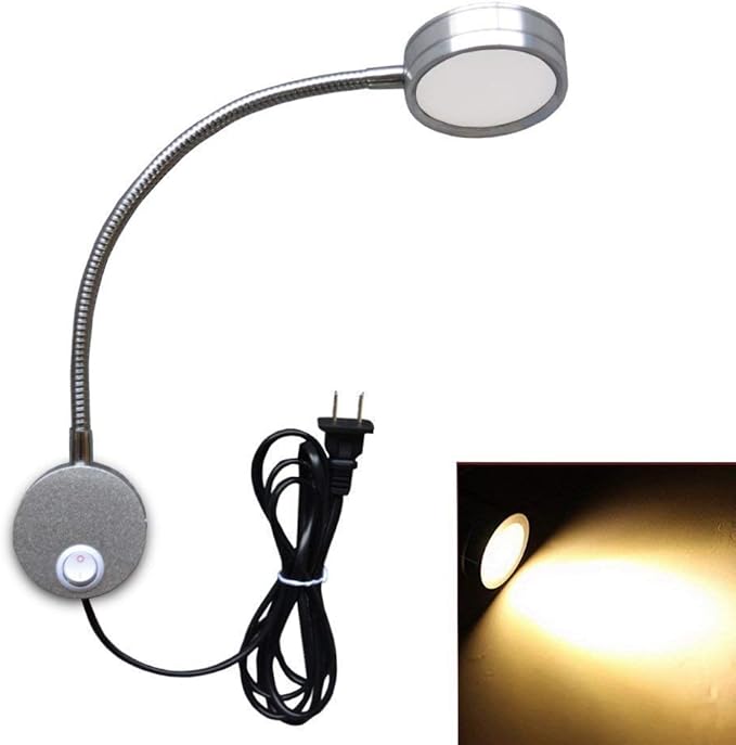 Youngine 5W Plug Wired Flexible Gooseneck Wall Sconce Reading Lamp Art Works Show Accent Light Wall Mount Spot Lamp Fixture with On/off Switch (Round Silver-Warm White)