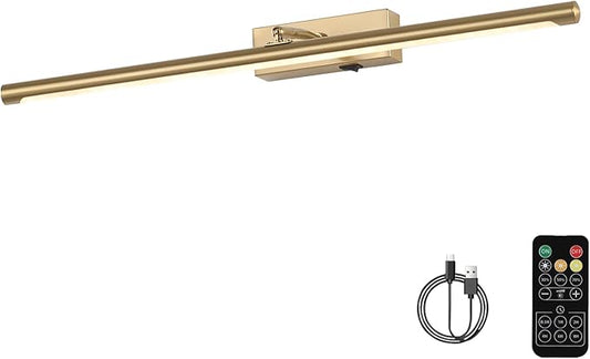 Picture Light for Wall Battery Operated, 24" Rechargeable Art Light with Remote and Timer for Painting, 9000mAh Wireless Wall Light for Display, Artwork, Portrait, Gallery, Gold