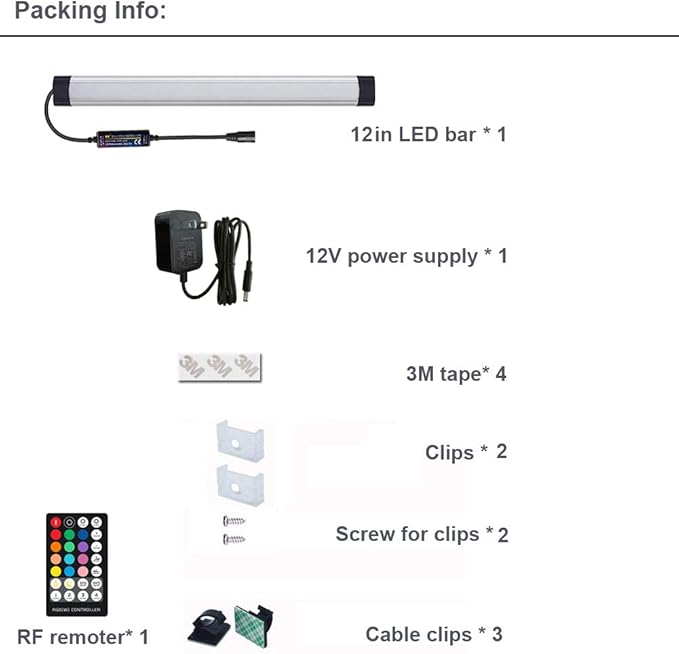 Dimmable Under Cabinet Lighting, RGB LED Light Bar, RF Remote Control Lamp, Multicolor Under Counter Lights for Desk, Room, Cupboard, Hallway, Shelf, Closet (12 Inch)