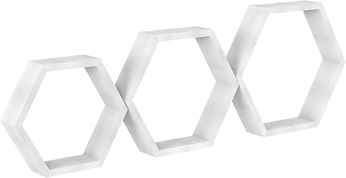 CADUKE Hexagon Floating Shelves Set of 3, White Wooden Hexagon Shelves for Wall Decor, Modern Honeycomb Floating Hanging Shelf, Decorative Wall Organizer for Living Room, Bedroom, Bathroom