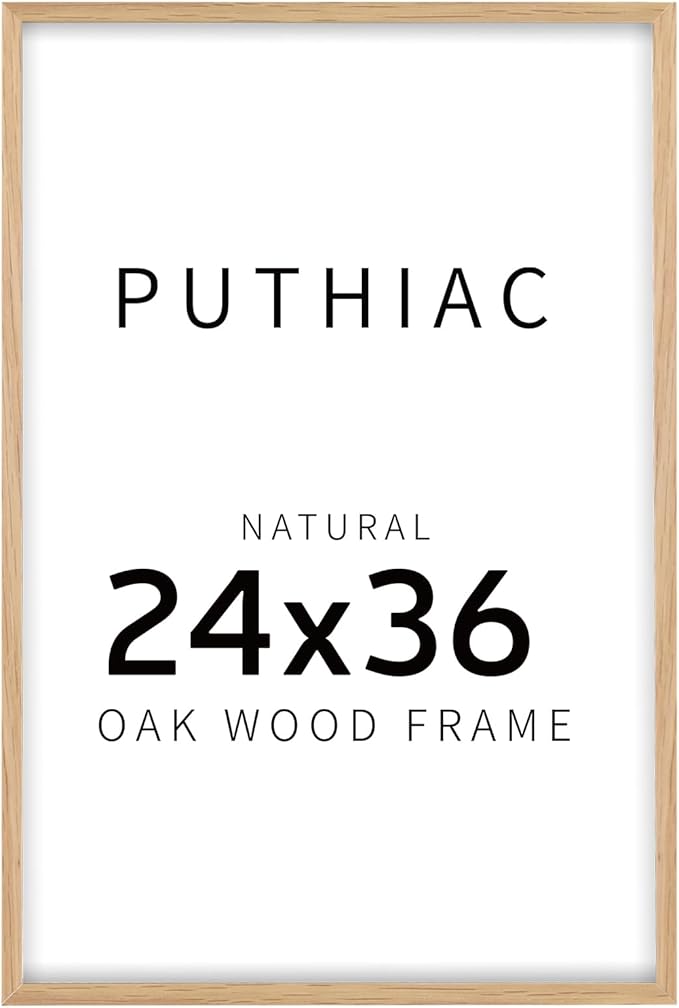 puthiac 24x36 Solid Oak Wood Picture Frame, 24 x 36 Poster Frames for Wall, Vertical or Horizontal, Plexi Front, 1 Pack, Natural Oak