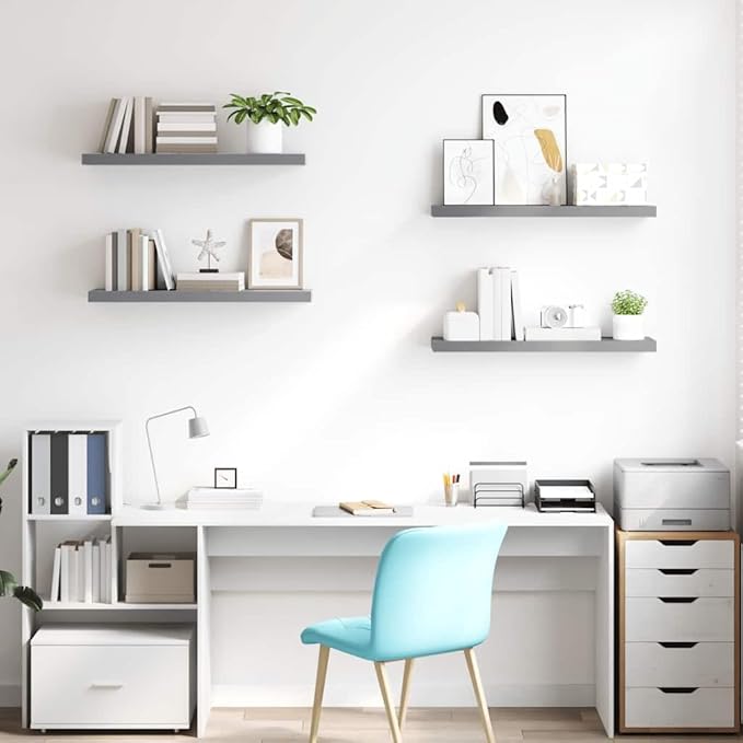 Modern Floating Wall Shelf Set of 4 Grey Honeycomb MDF Metal 31.5 x 9.3 Inches for Home Decor and Storage