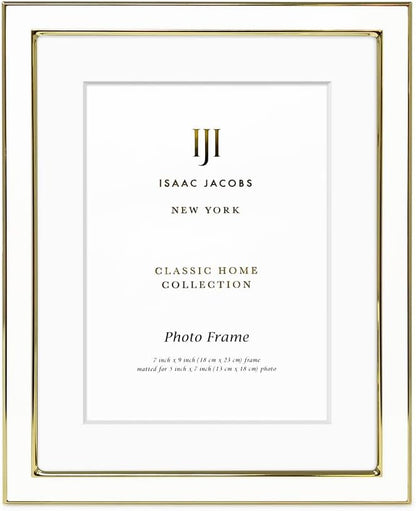 Isaac Jacobs 7x9 (Matted 5x7) White Enamel Picture Frame with Gold Metal Edge and Easel, Tabletop Display, Wall Décor, Photo Gallery, (7x9 (Matted 5x7), White with Gold)