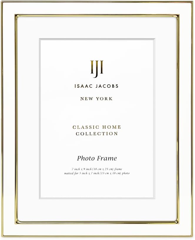 Isaac Jacobs 7x9 (Matted 5x7) White Enamel Picture Frame with Gold Metal Edge and Easel, Tabletop Display, Wall Décor, Photo Gallery, (7x9 (Matted 5x7), White with Gold)