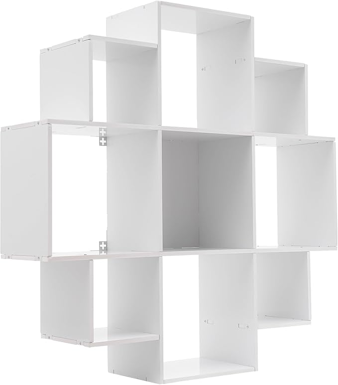 Wall Mounted Book Shelf 3-Tiers 9 Compartment Geometric Bookshelf Decorative Display Open Shelves Floating Shelf Bookcase Holds up to 66.1 lbs (White)