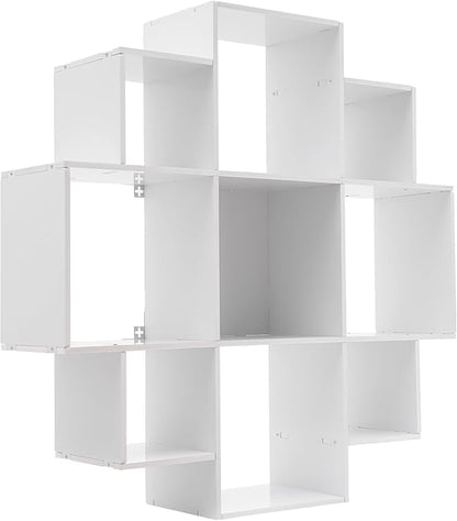Wall Mounted Book Shelf 3-Tiers 9 Compartment Geometric Bookshelf Decorative Display Open Shelves Floating Shelf Bookcase Holds up to 66.1 lbs (White)