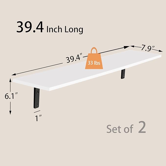 DINZI LVJ Long Wall Shelves, 39.4Inch Wall Mounted Shelves Set of 2, Extra Large Floating Storage Ledges with Sturdy Metal Brackets for Living Room, Bathroom, Bedroom, Kitchen, White
