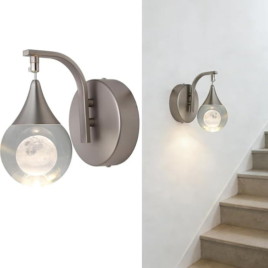 Crystal Wall Sconce, Modern Indoor Moon Wall Lamp, Dimmable LED Wall Light for Bedroom Bedside Batnroom Vanity Living Room Dining Room Hallway. Nickel