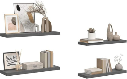 Set of 4 High Gloss Grey Honeycomb MDF and Metal Floating Wall Shelves, Modern Storage Display for Living Room Office Study, Durable Mounted Shelving Unit with Stylish Design